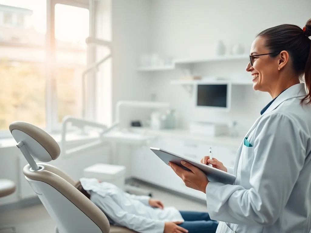 Pacjent w gabinecie stomatologicznym rozmawia z dentystą, który wyjaśnia leczenie i możliwość wystawienia zwolnienia L4.