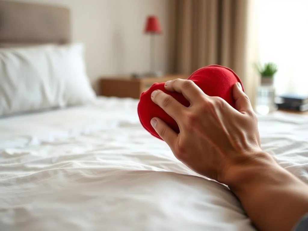Męska dłoń trzymająca czerwone serce na łóżku, symbol troski i emocji przy zaburzeniach erekcji
