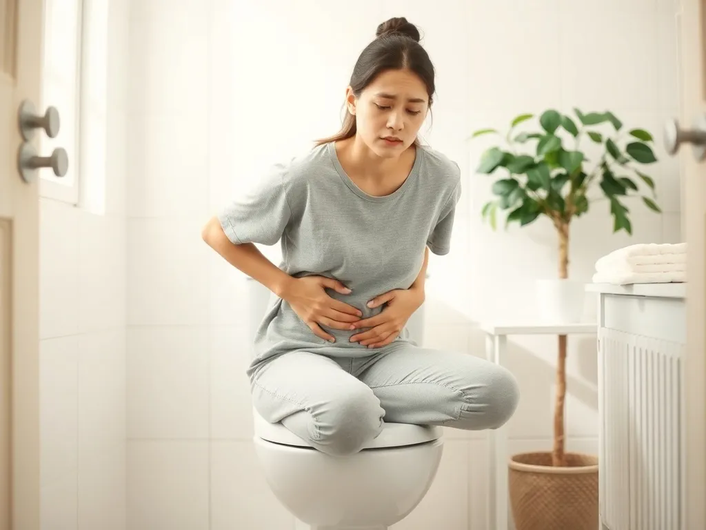 Osoba siedząca w łazience trzyma się za brzuch, sygnalizując łagodny ból i możliwe objawy zespołu jelita drażliwego.