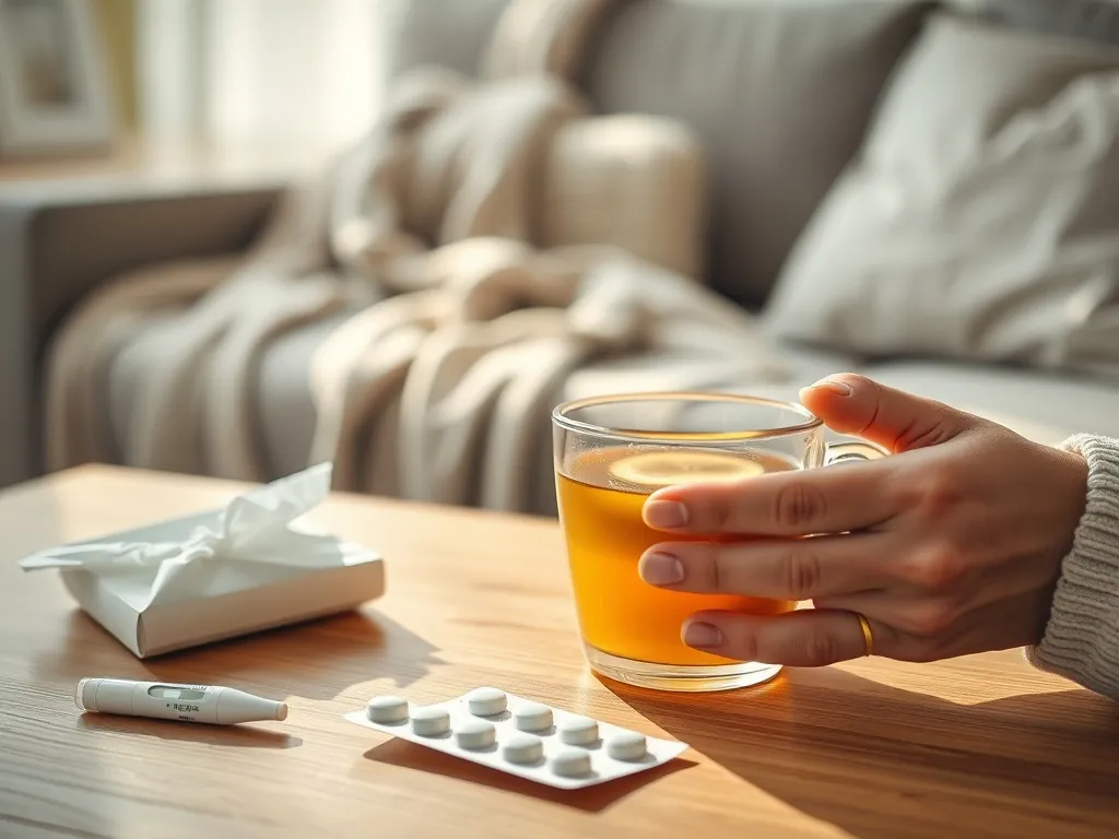 Dłonie chorej osoby trzymającej kubek herbaty z cytryną obok termometru, chusteczek i leków, w tle koc na sofie.