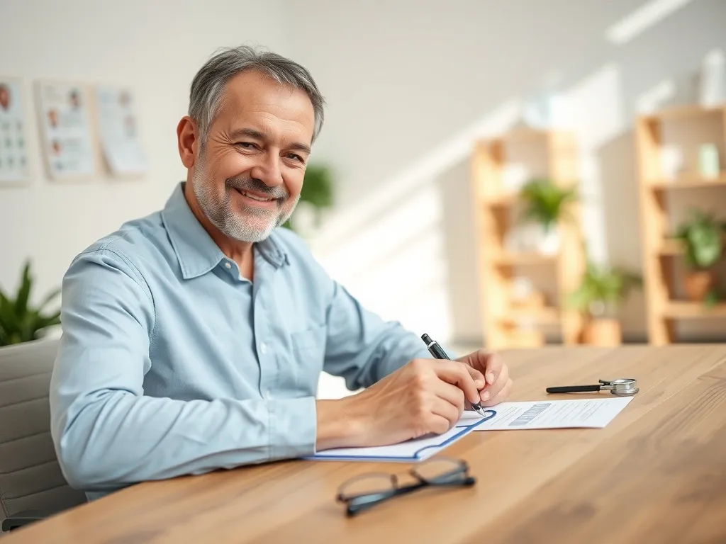 Mężczyzna w średnim wieku spokojnie wypełnia prosty kwestionariusz medyczny w jasnym gabinecie, sugerując profilaktykę zdrowia.