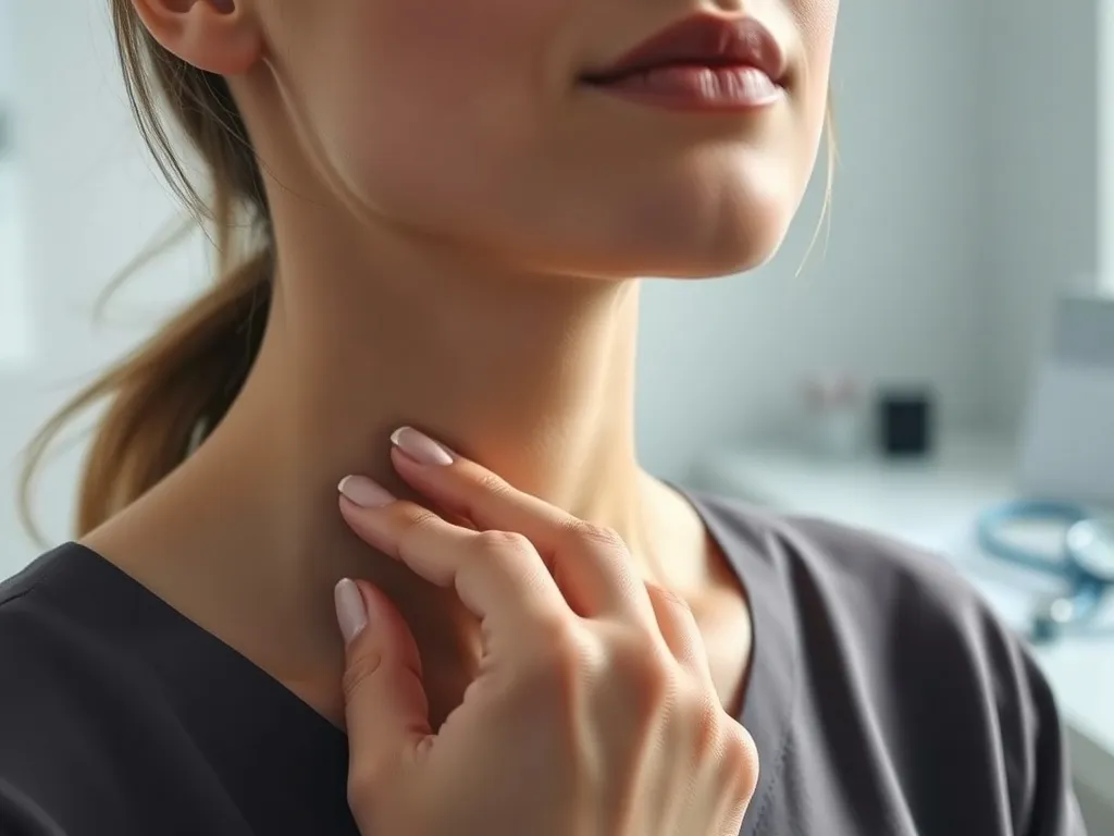 Kobieta dotyka szyi w okolicy tarczycy podczas konsultacji lekarskiej, podkreślając problem powiększonej tarczycy.