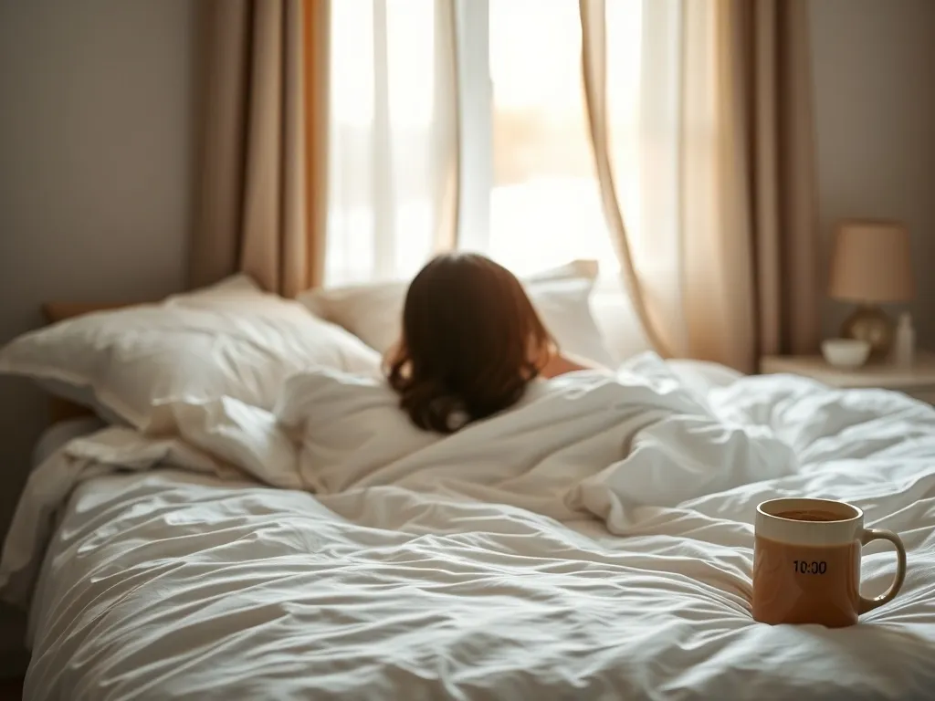 Przytulna sypialnia o poranku, niewyraźna sylwetka w niepościelonym łóżku obok budzika, trudność ze wstaniem z łóżka