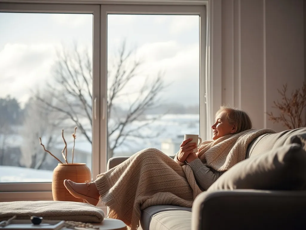 Osoba na kanapie pod kocem patrzy zamyślona przez okno na szary zimowy dzień, oddając nastrój sezonowej melancholii.
