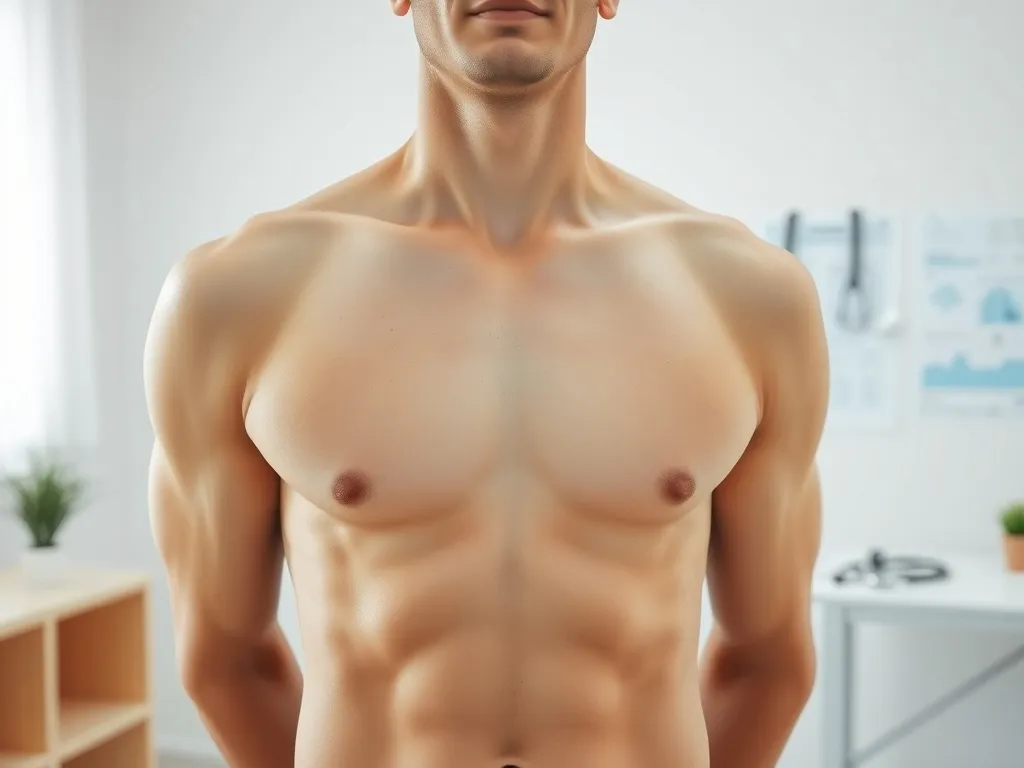 Męski tors z zaznaczoną okolicą klatki piersiowej w gabinecie lekarskim, ilustrujący problem ginekomastii.