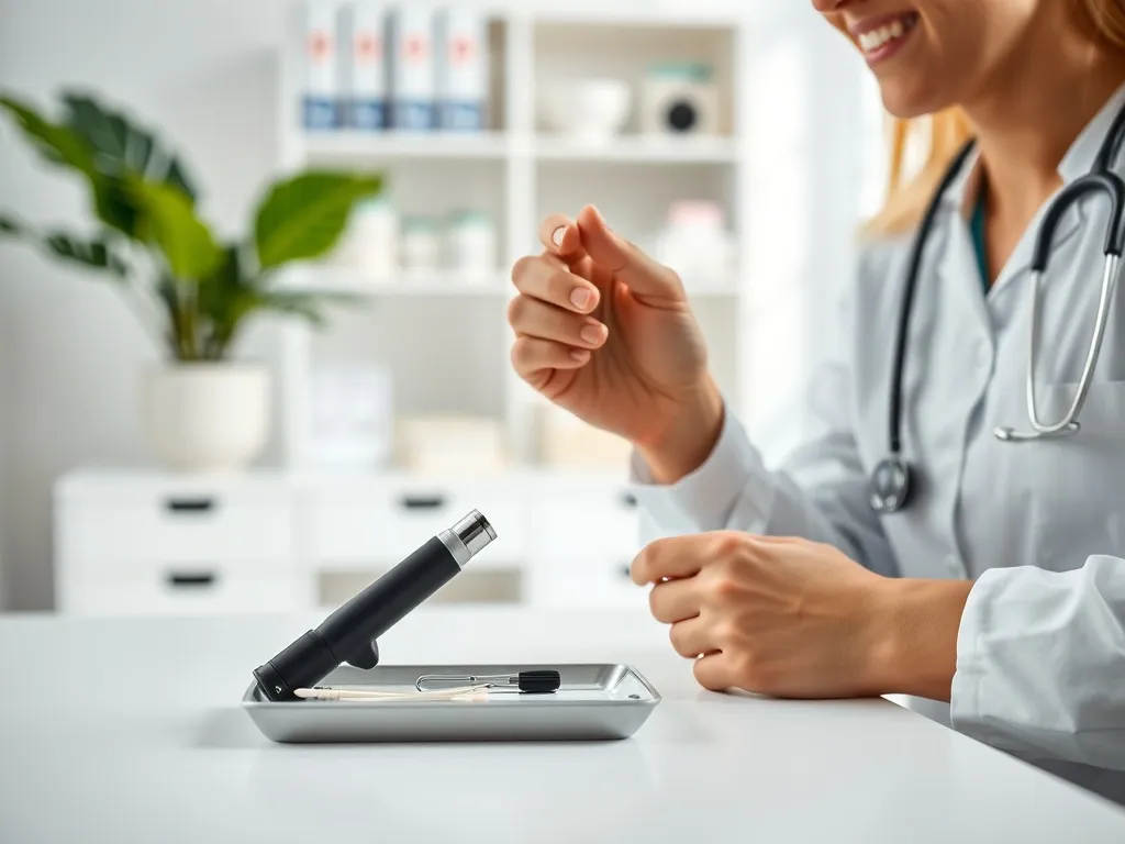 Laryngolog delikatnie bada ucho pacjenta otoskopem w jasnym gabinecie, podkreślając profesjonalną i spokojną opiekę.