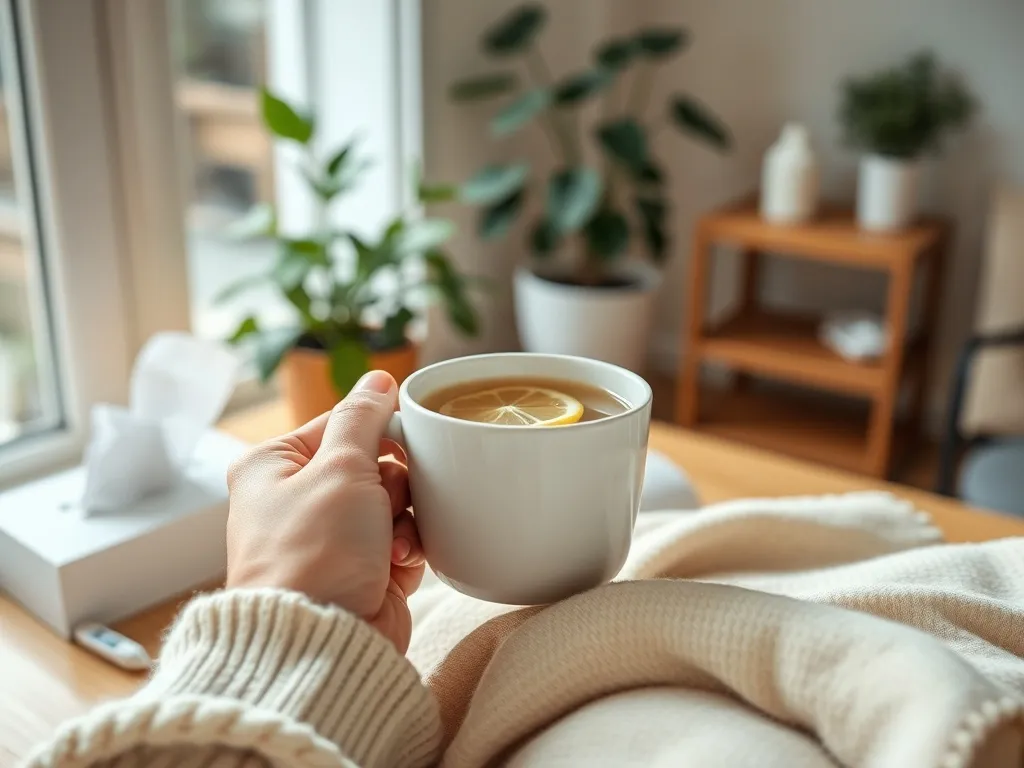 Osoba owinięta kocem pije herbatę z cytryną, obok chusteczki i termometr – domowe radzenie sobie z infekcją.