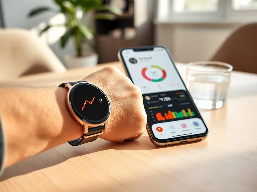 Smartwatch i smartfon z wykresami zdrowotnymi na stole, symbolizujące wykorzystanie AI w profilaktyce zdrowotnej.