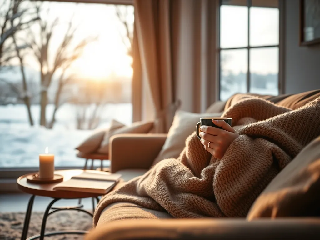 Osoba otulona kocem z kubkiem w dłoni w przytulnym salonie zimą, relaks i ukojenie zimowej chandry.