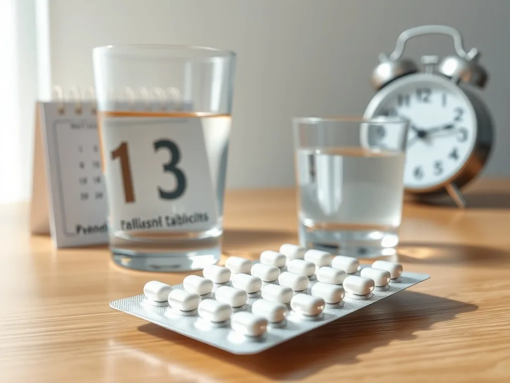 Blister z białymi kapsułkami antybiotyku i szklanka wody na stole, w tle kalendarz i budzik przypominające o dawkowaniu