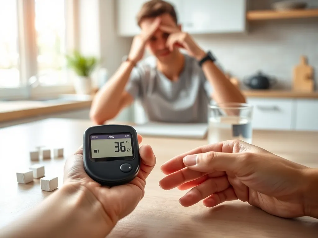 Dłoń z glukometrem pokazującym niski poziom cukru, obok kostki cukru i woda; w tle osoba z objawami hipoglikemii.