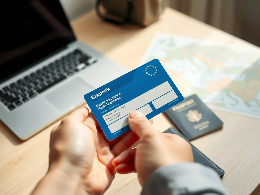 Karta EKUZ trzymana w dłoni obok paszportu i mapy na biurku, symbol przygotowań do zagranicznej podróży.