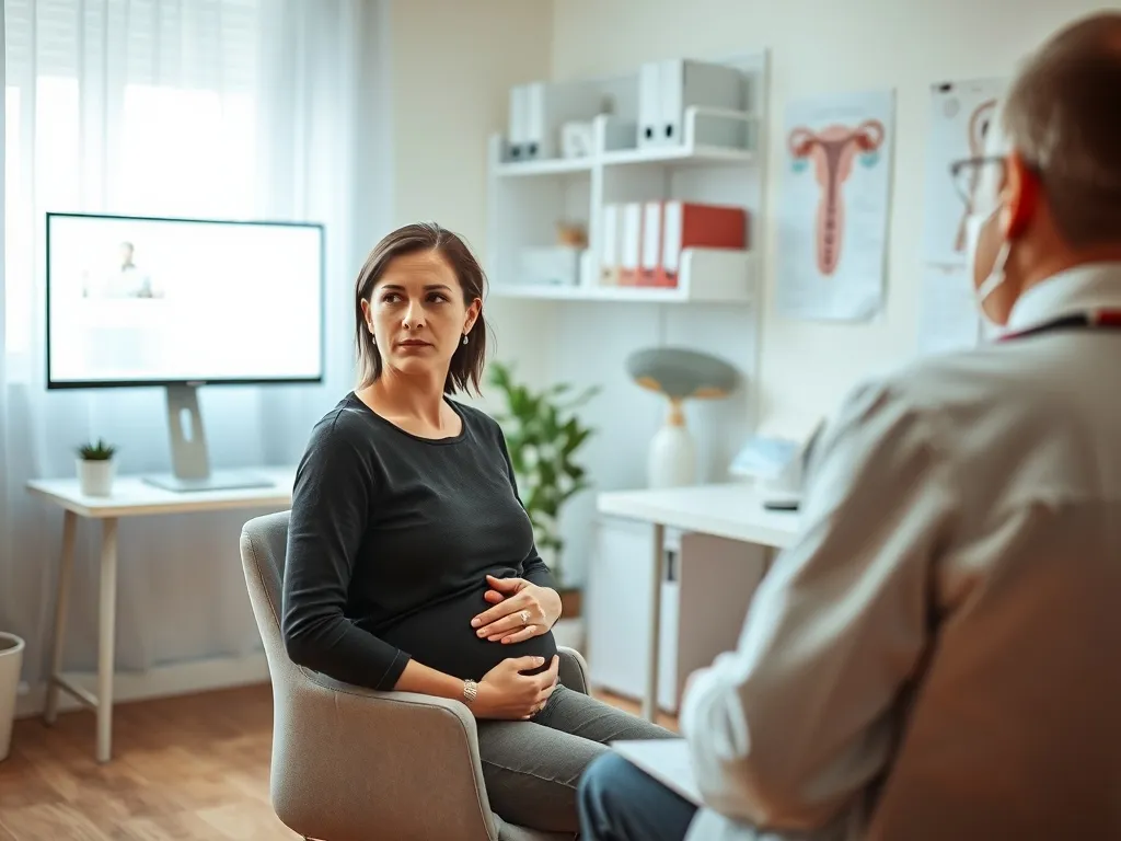 Kobieta z niepłodnością rozmawia z lekarzem w spokojnym gabinecie, trzymając dłonie na brzuchu podczas konsultacji.