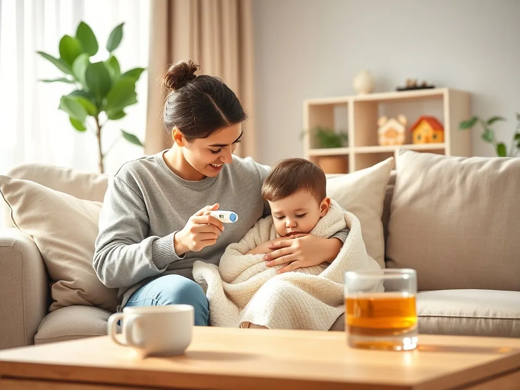 Rodzic opiekuje się chorym dzieckiem na kanapie, obok termometr i kubek herbaty, ciepła, bezpieczna domowa atmosfera