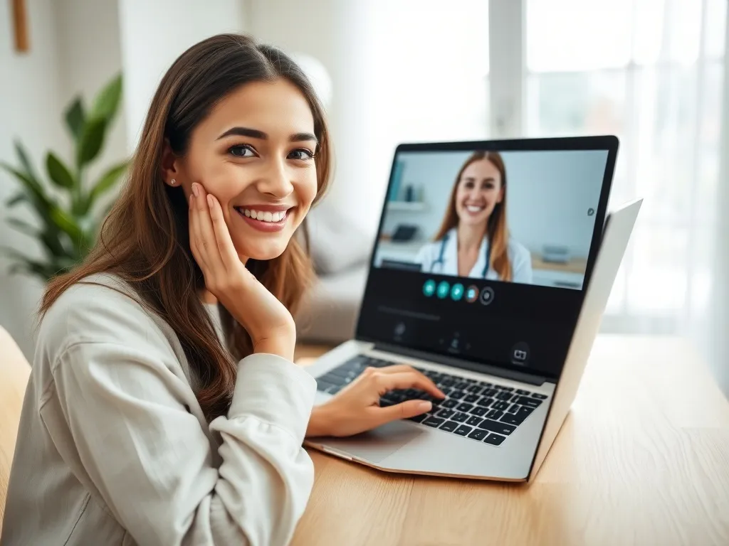 Młoda kobieta konsultuje ból zęba z dentystą online przez wideorozmowę w domowym, przytulnym wnętrzu.