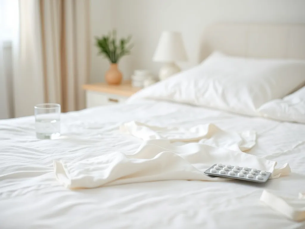 Czyste łóżko, piżama, szklanka wody i leki na stoliku nocnym, podkreślające higienę i leczenie owsicy.