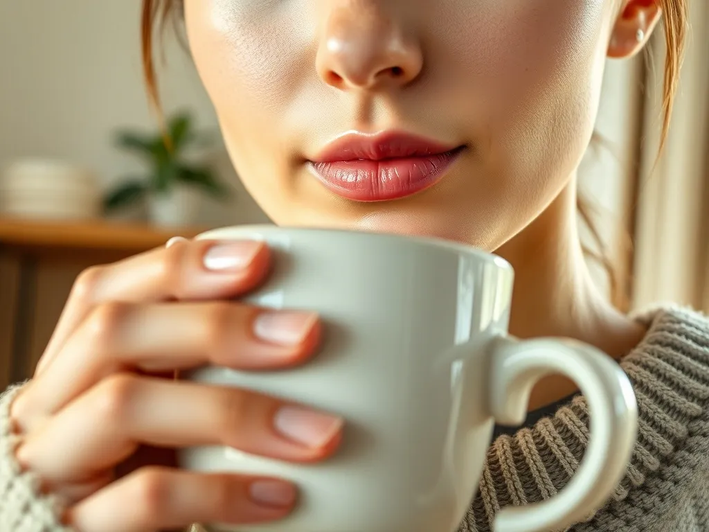 Osoba z zdrowymi ustami pije ciepłą herbatę ziołową, symbolicznie łagodząc objawy opryszczki i dbając o odporność.