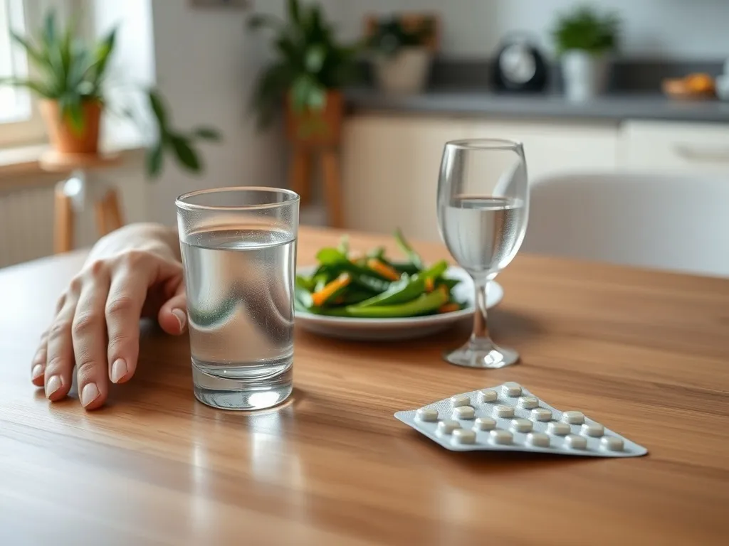 Spokojne dłonie przy talerzu z warzywami, szklanką wody i kapsułkami, symbolizujące leczenie SIBO i zdrowy styl życia