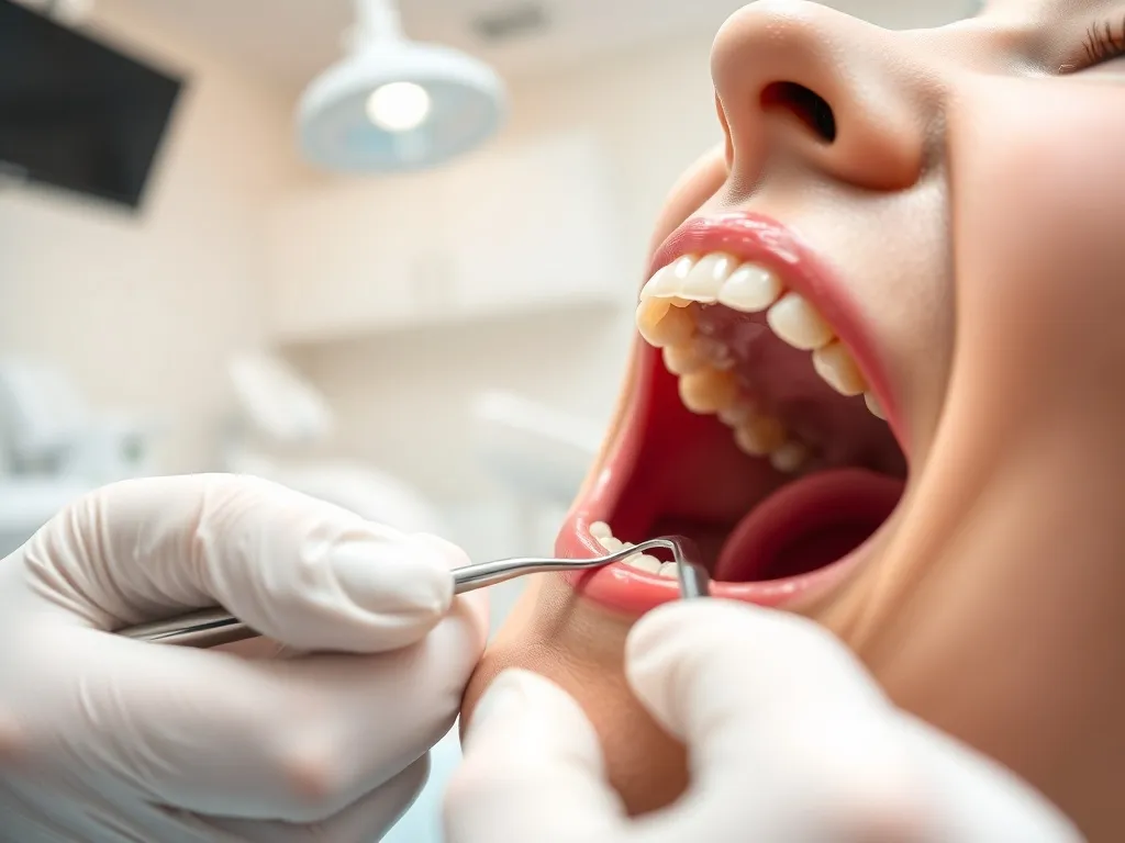 Dentysta wykonuje leczenie kanałowe z użyciem lustra i narzędzia endodontycznego w nowoczesnym, sterylnym gabinecie.