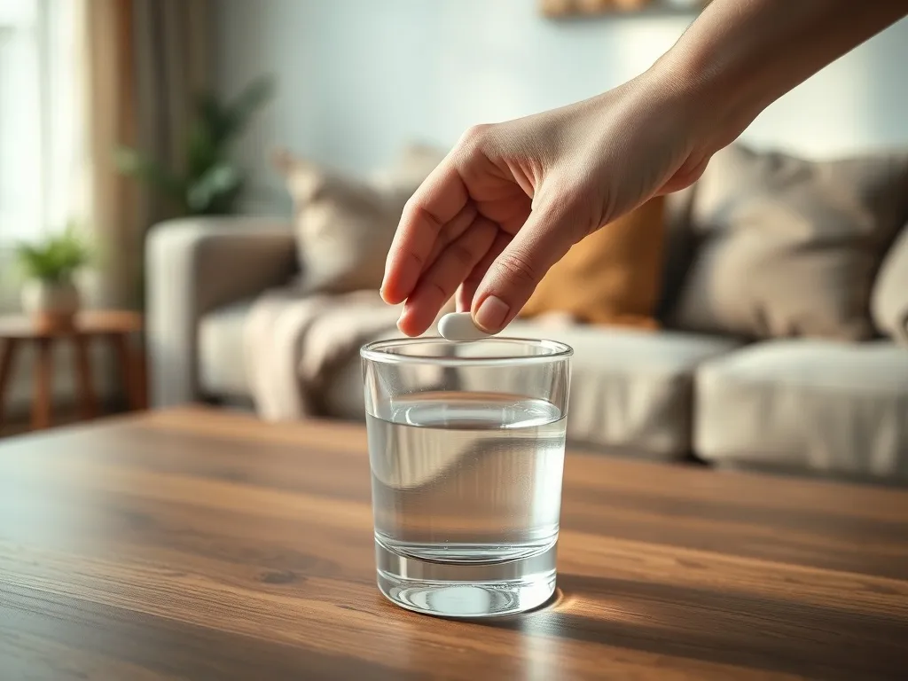Dłoń trzymająca tabletkę przeciwbólową nad szklanką wody, spokojna domowa scena przed zażyciem leku.