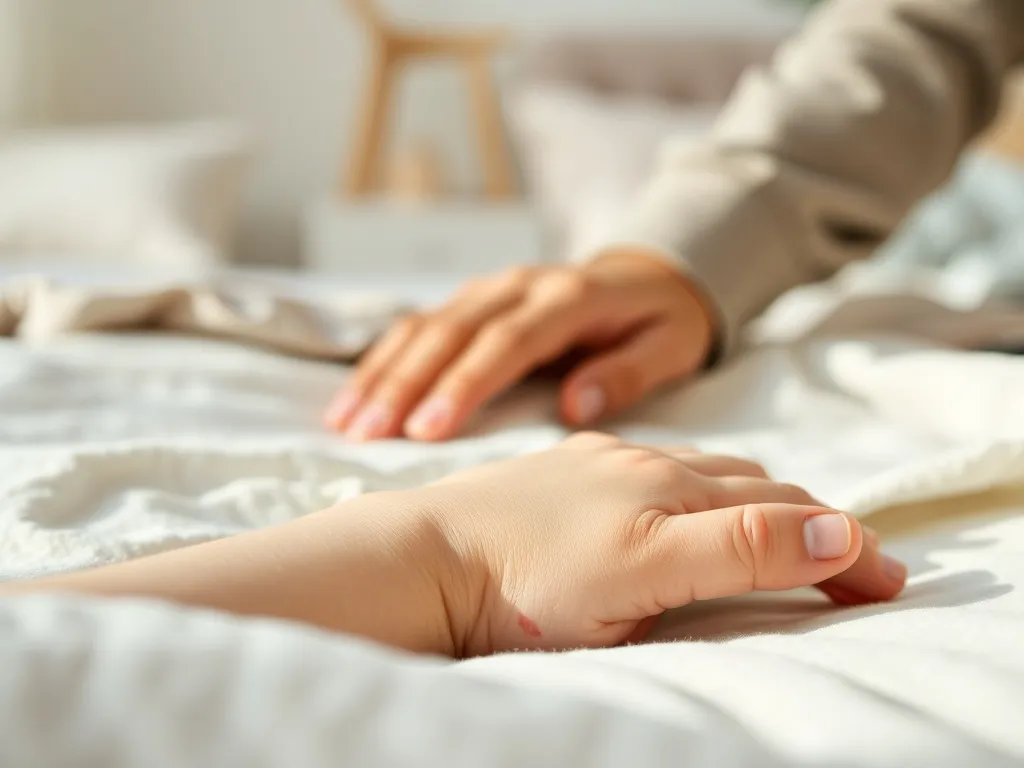 Dłoń dziecka z delikatnymi czerwonymi plamkami, trzymana uspokajająco przez rodzica w przytulnej, domowej scenerii.