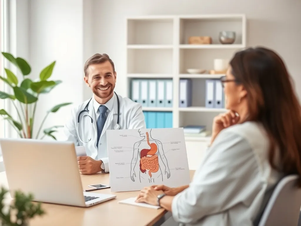 Lekarz omawia z pacjentem wyniki badań jelit i możliwości leczenia choroby Leśniowskiego-Crohna.