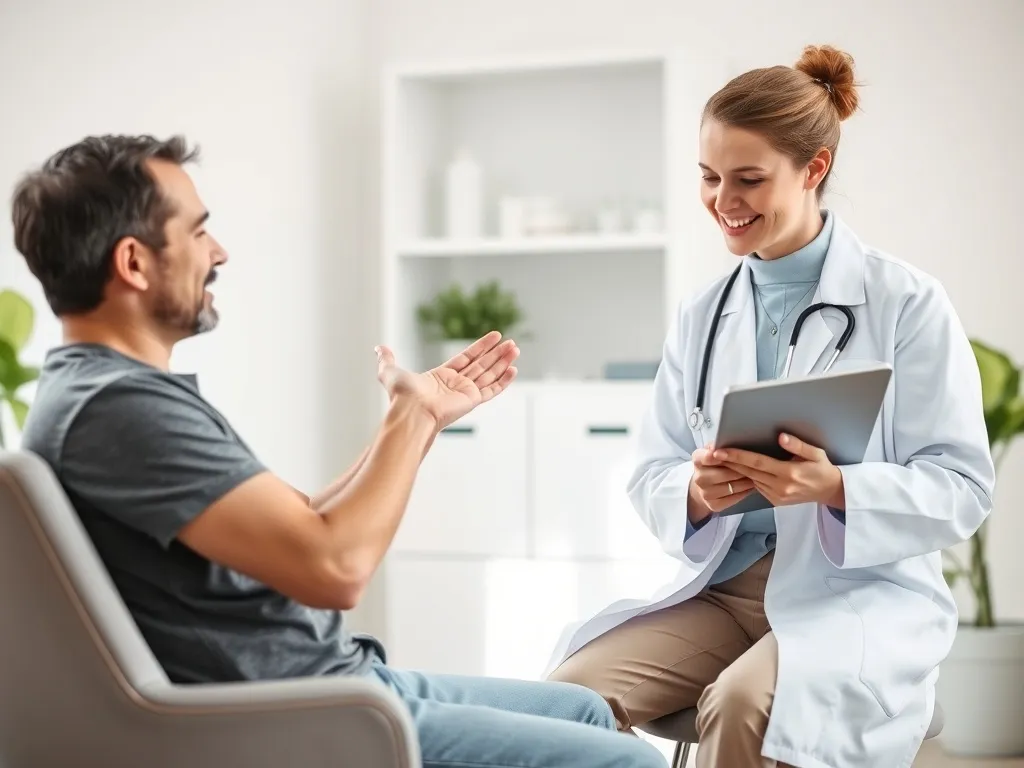 Pacjent pokazuje lekarzowi zmiany skórne na przedramieniu; spokojna konsultacja dermatologiczna w nowoczesnej przychodni.