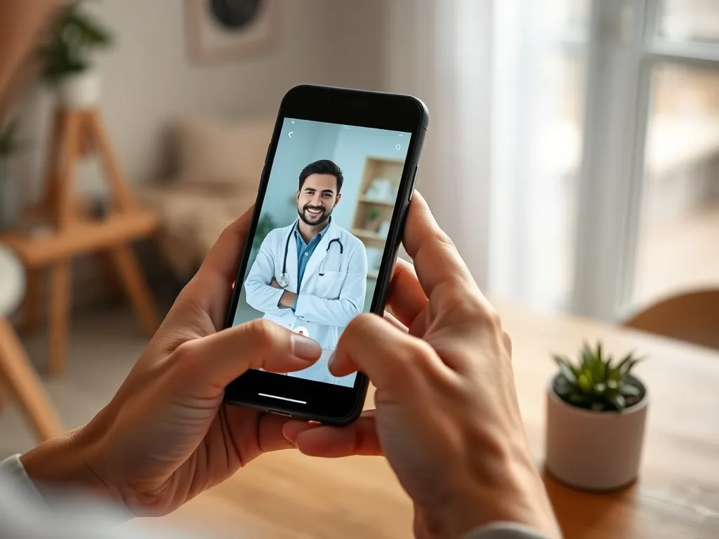 Pacjent trzyma smartfon z wideorozmową z dermatologiem online, konsultacja w przytulnym domowym otoczeniu.