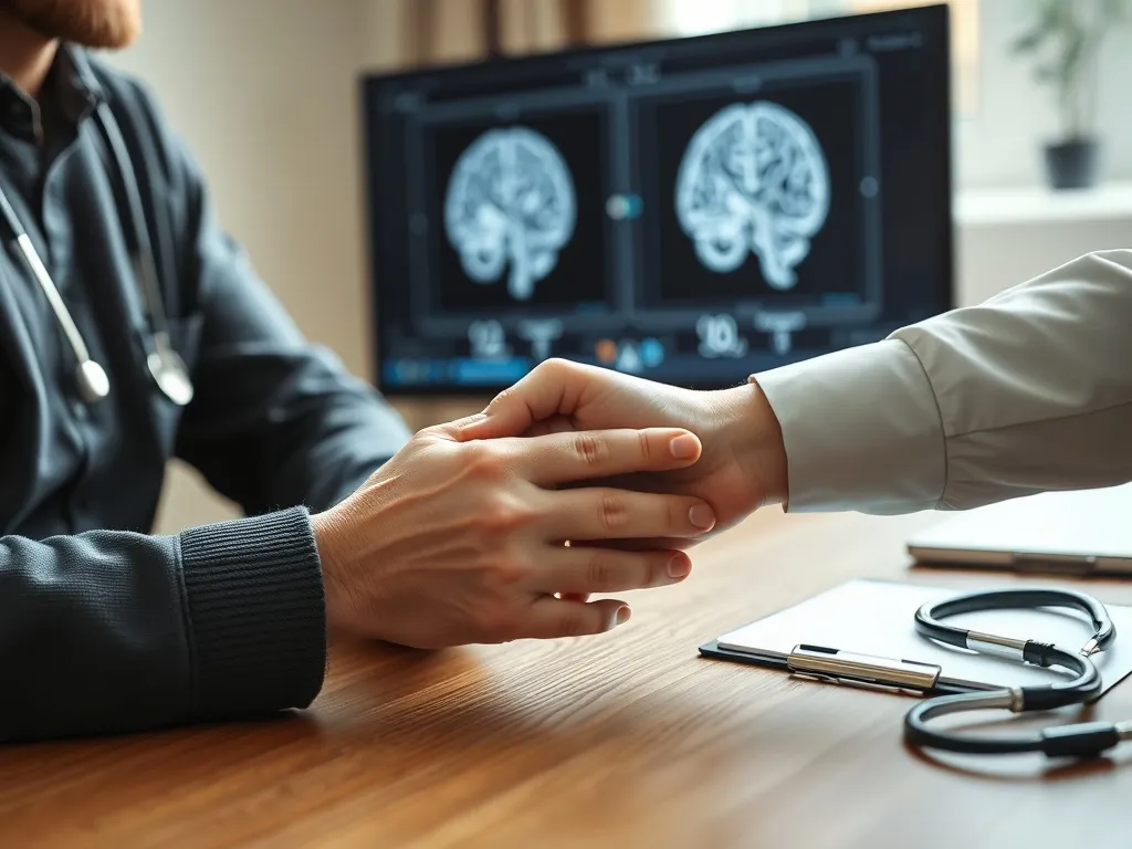 Lekarz trzyma dłonie starszej osoby podczas konsultacji o diagnostyce otępienia, w tle monitor z prostym obrazem mózgu.