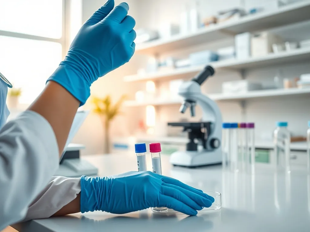 Lekarka w rękawiczkach odkłada probówkę obok mikroskopu, symbolizując badanie cytologiczne w nowoczesnym gabinecie.