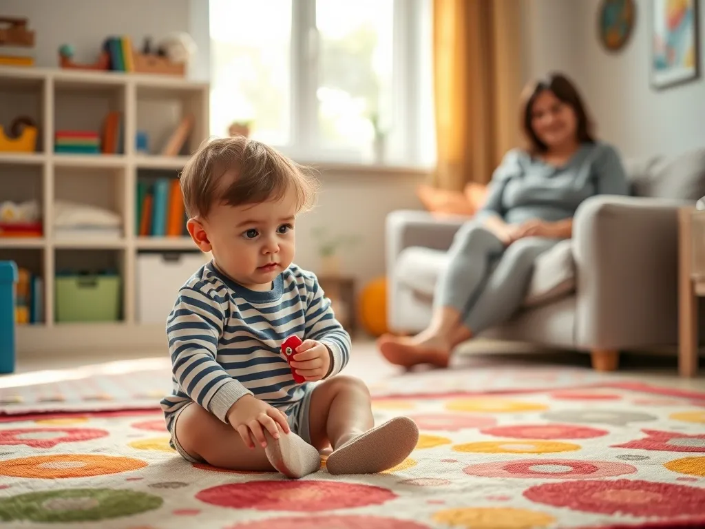 Żywe, energiczne dziecko wierci się na kolorowym dywanie, bawiąc się zabawką, pod czułym, spokojnym spojrzeniem rodzica.