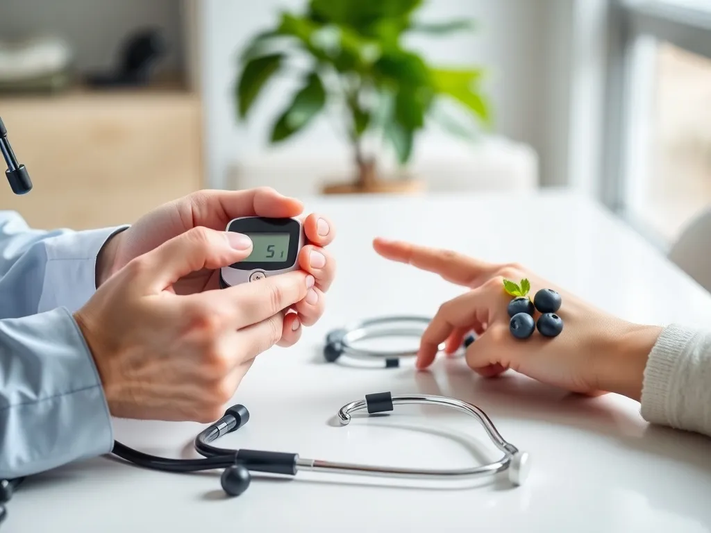 Diabetolog mierzy poziom cukru glukometrem, obok leżą owoce jako symbol zdrowej diety w kontroli cukrzycy