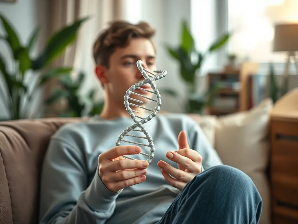 Spokojna osoba na kanapie trzymająca model helisy DNA, w tle przytulny salon, rośliny i ciepłe światło tworzące poczucie bezpieczeństwa.