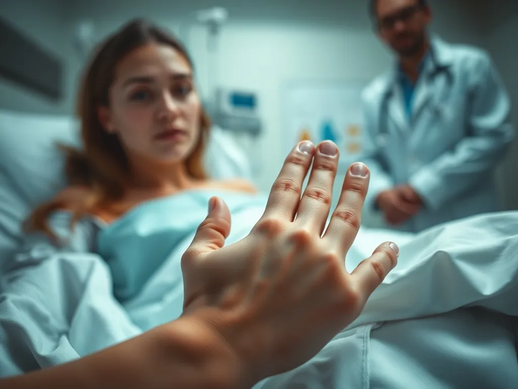 Zatroskany rodzic trzyma dłoń dziecka w szpitalnym łóżku, w tle lekarz i sprzęt medyczny, poważna atmosfera.