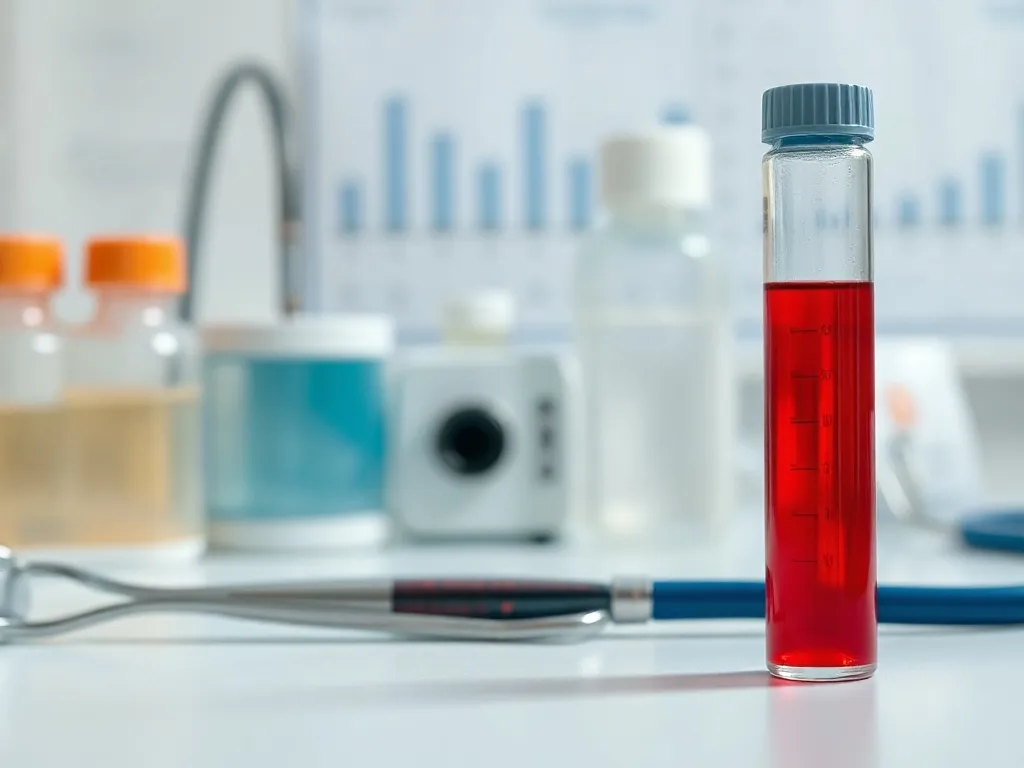 Probówka z krwią i stetoskop na białym blacie, symbolizujące badanie neutrofili i diagnostykę krwi
