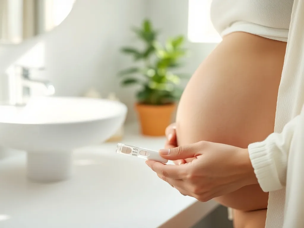 Ciężarna z cukrzycą trzyma pojemnik z moczem i pasek testowy, ilustrując badanie ketonów w moczu w domu.