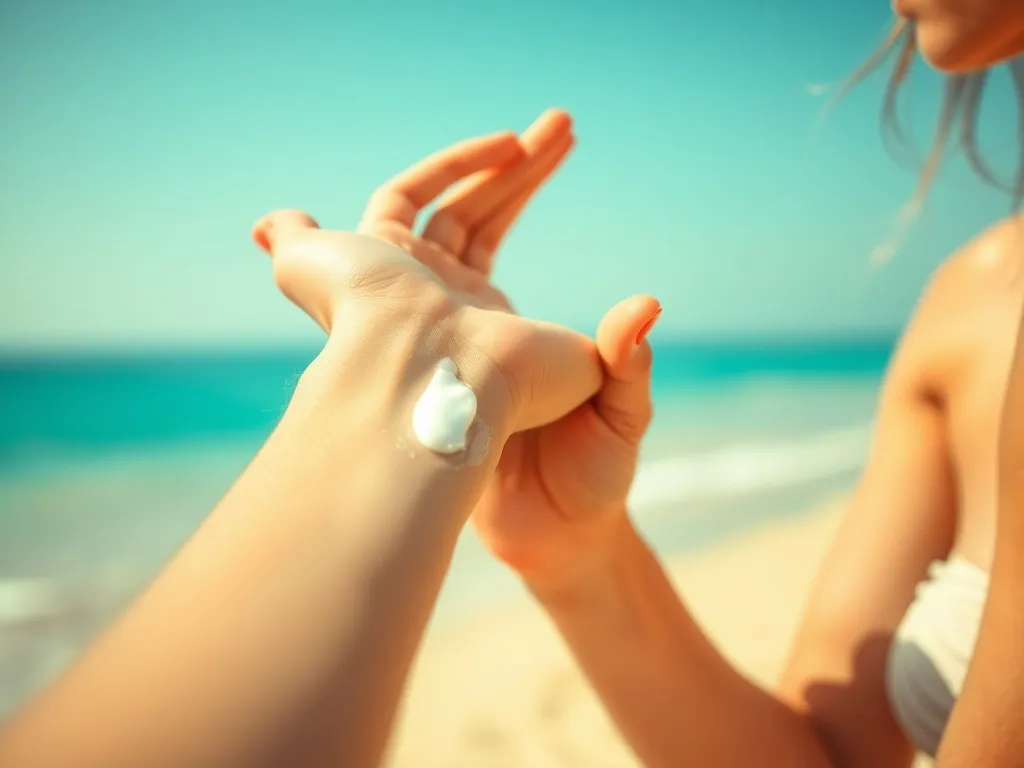 Kobieta nakłada krem z filtrem na przedramię na słonecznej plaży, podkreślając letnią ochronę i pielęgnację skóry.