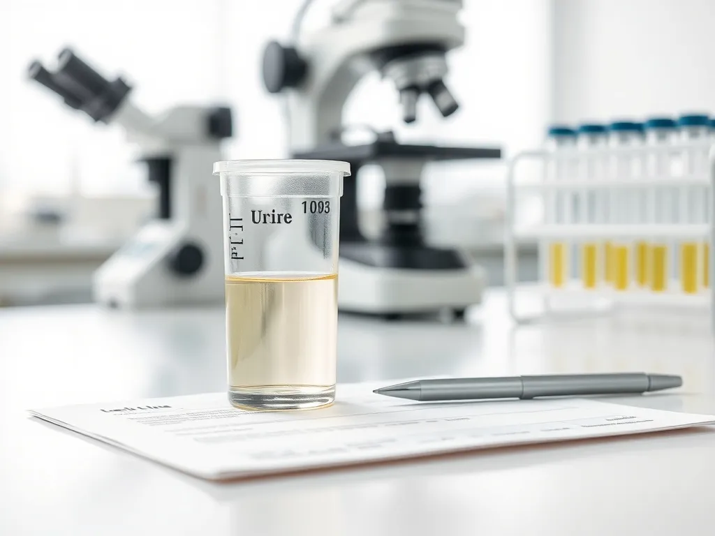 Próbka moczu w jałowym pojemniku na tle nowoczesnego laboratorium, ilustracja badań leukocytów w moczu.