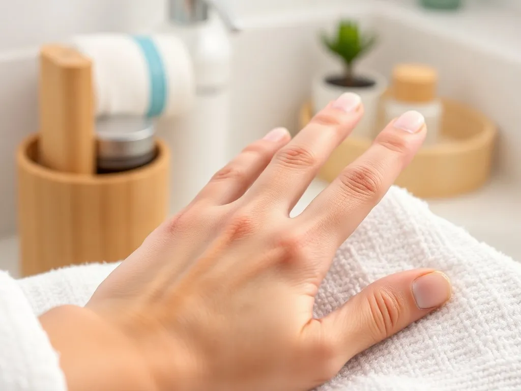 Dłoń z naturalnymi paznokciami z pionowymi bruzdami, w jasnym, domowym otoczeniu spa, podkreślająca ich zdrowy wygląd