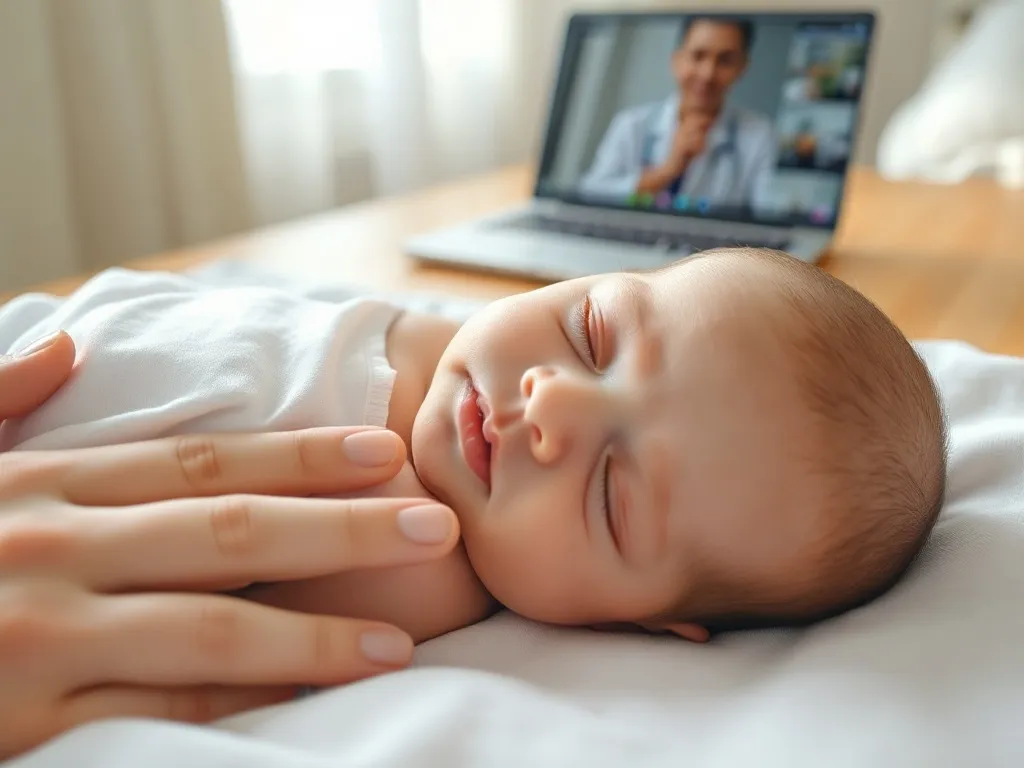Noworodek śpi spokojnie pod opieką dorosłego, w tle laptop z neonatologiem podczas konsultacji online.