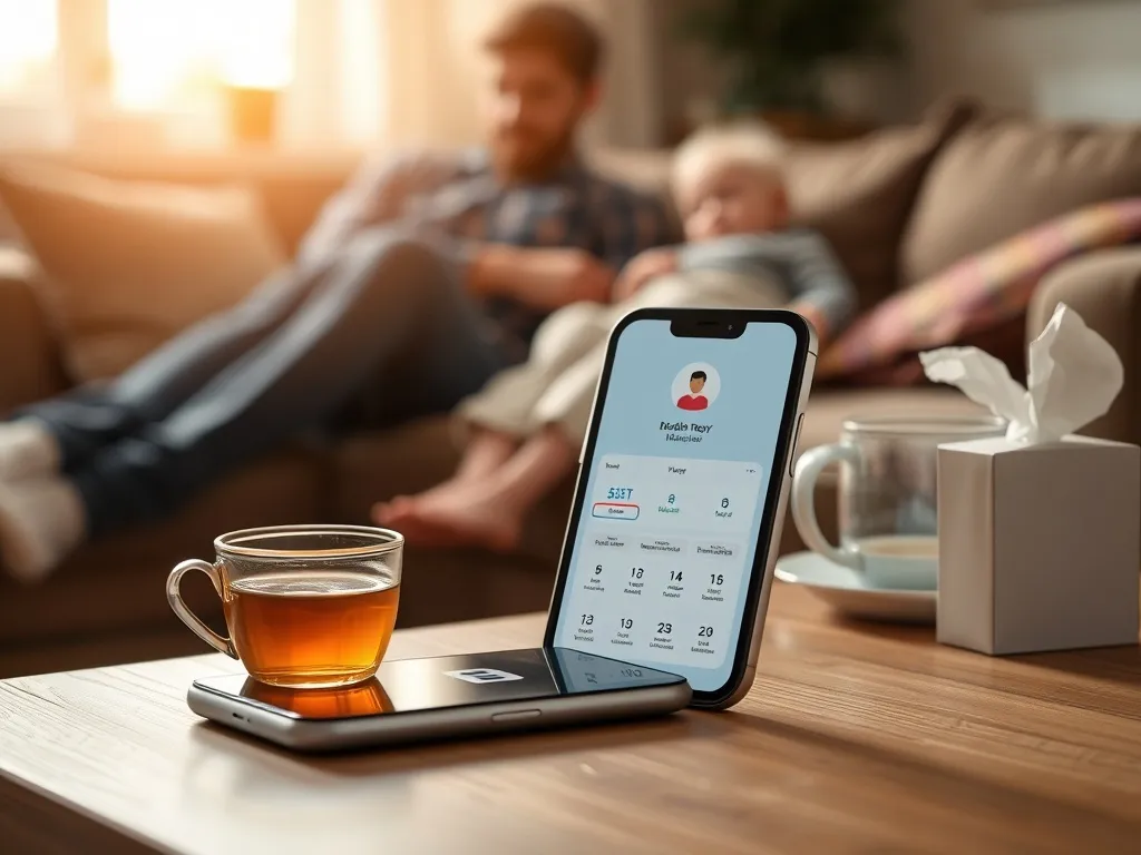 Rodzic korzysta z aplikacji medycznej w telefonie, by z domu uzyskać e‑zwolnienie lekarskie na chore dziecko.
