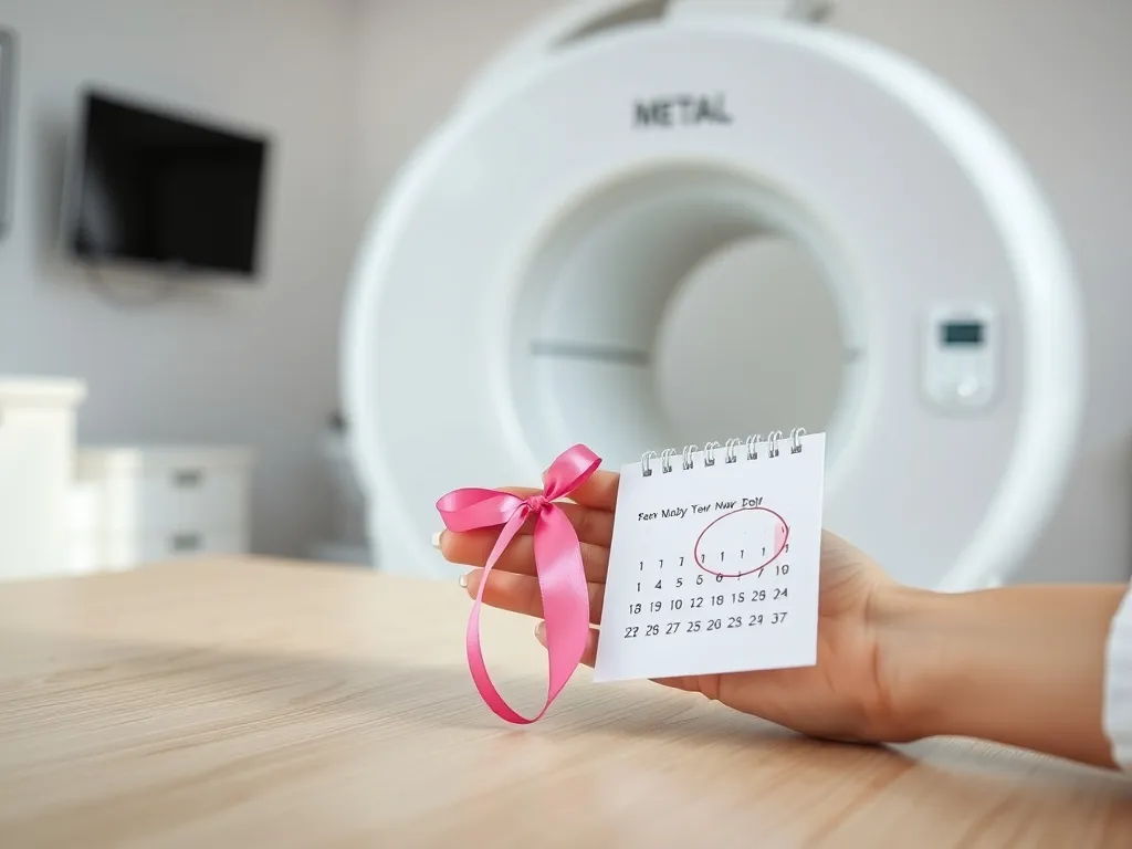 Dłoń trzyma różową wstążkę i kalendarz z zaznaczoną datą na tle aparatu do mammografii, symbol profilaktyki raka piersi