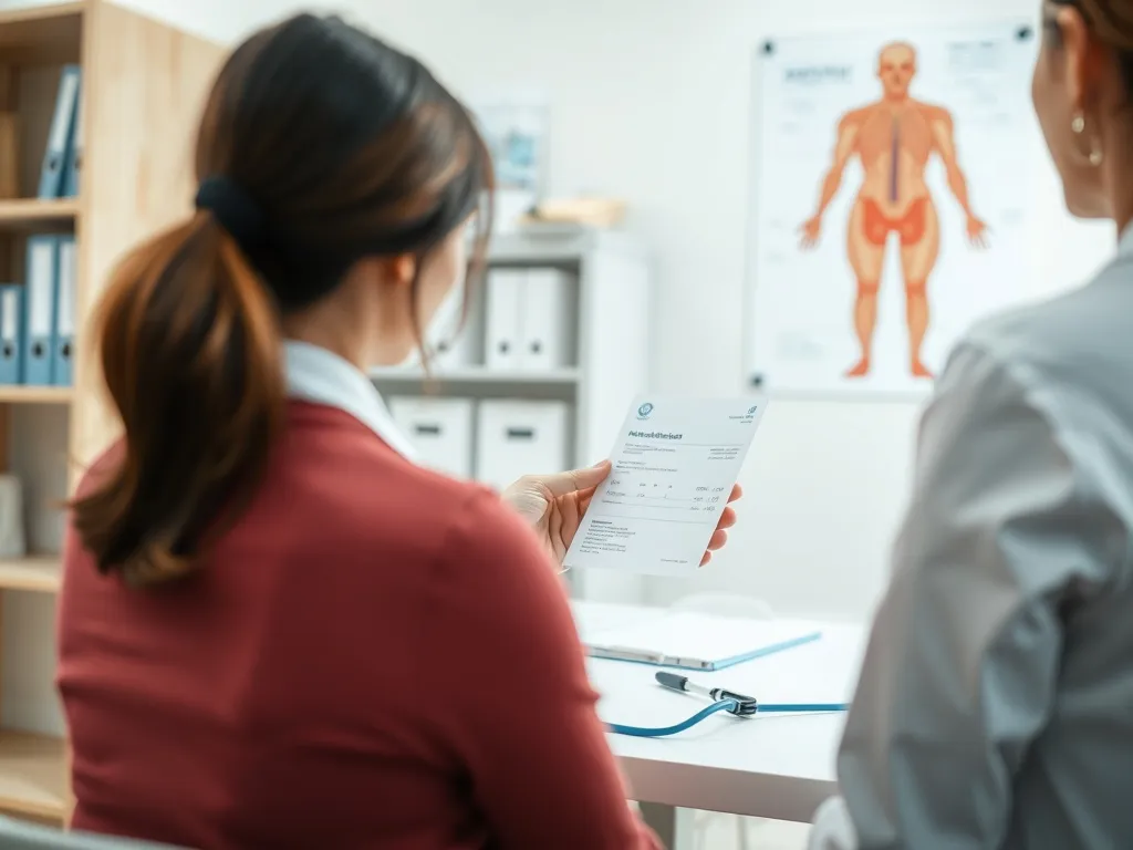 Endokrynolog tłumaczy pacjentce wyniki badań hormonalnych w spokojnej, profesjonalnej atmosferze gabinetu.