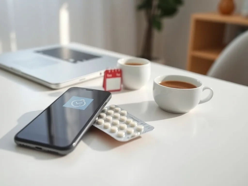 Smartfon z e‑receptą obok tabletek i kalendarza, symbolizujący ważność recepty online i wygodę domowego leczenia.