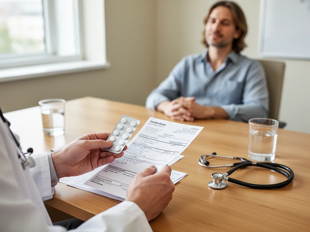 Psychiatra trzyma receptę i opakowanie tabletek przy biurku, na którym leżą stetoskop i szklanka wody, naprzeciw spokojny pacjent.