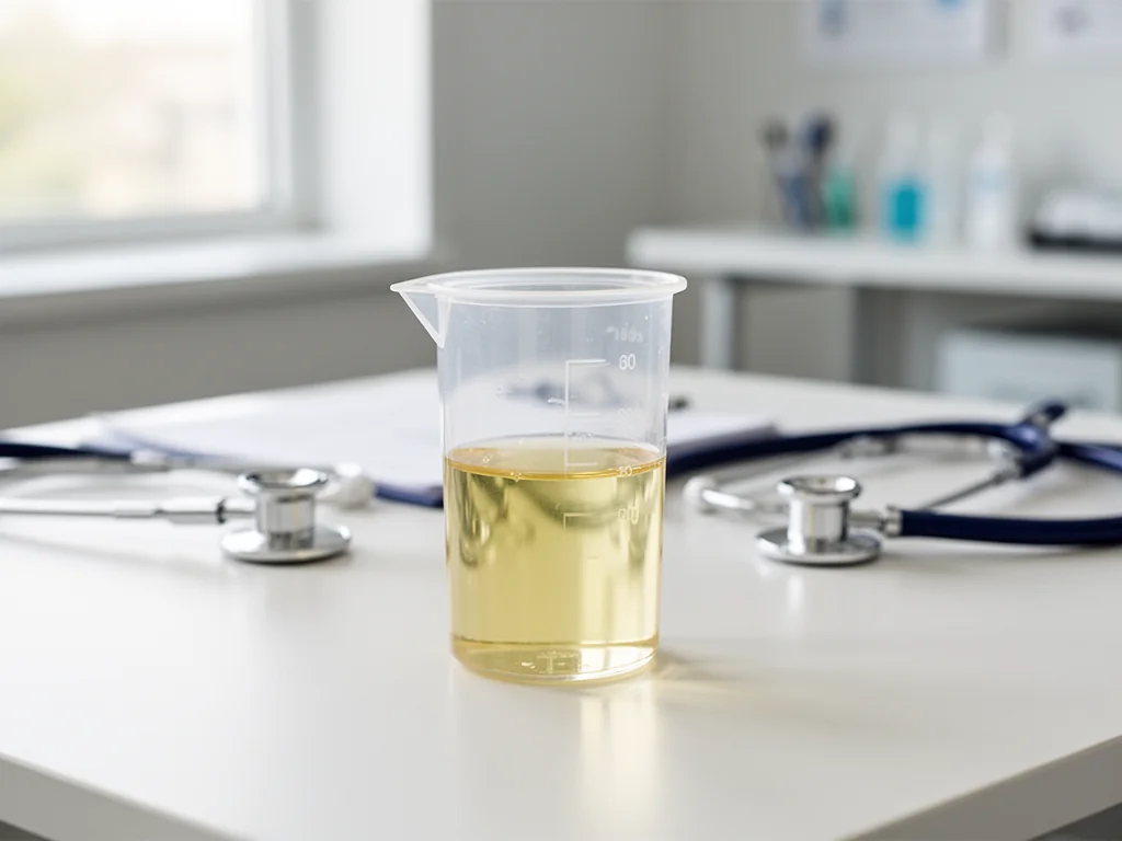 Próbka moczu w pojemniku na tle gabinetu lekarskiego, podkreślająca diagnostykę przy krwi w moczu.
