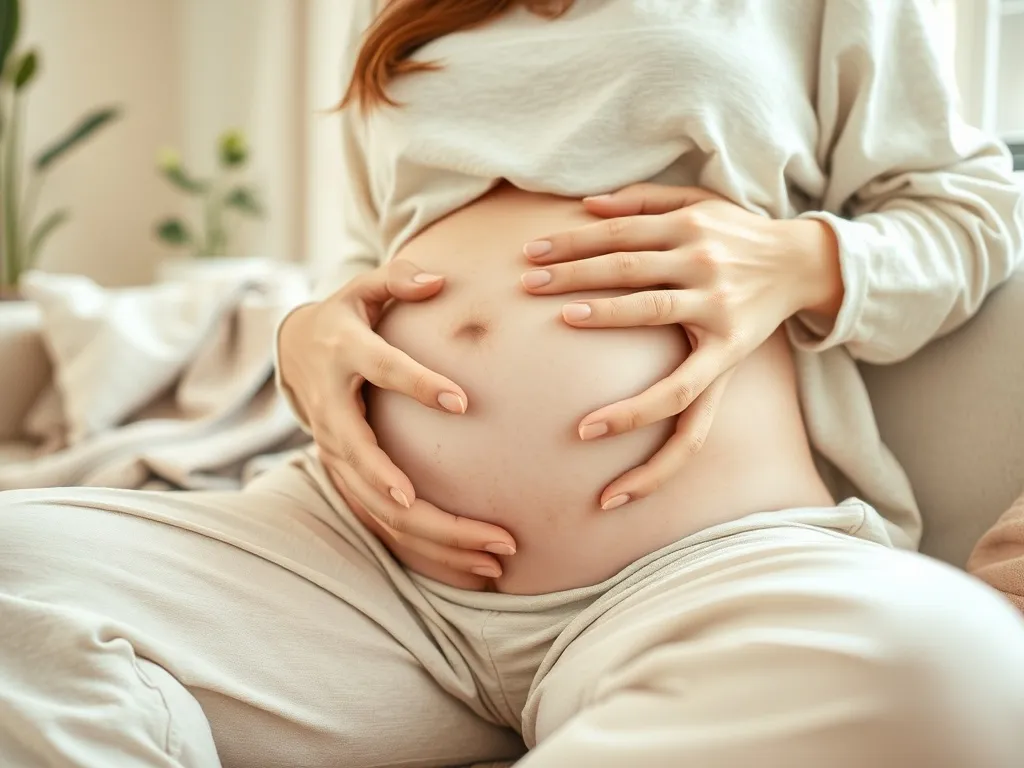 Kobieta w wygodnym stroju siedzi na sofie, trzyma dłonie na podbrzuszu, sugerując dyskomfort i dbanie o zdrowie intymne.