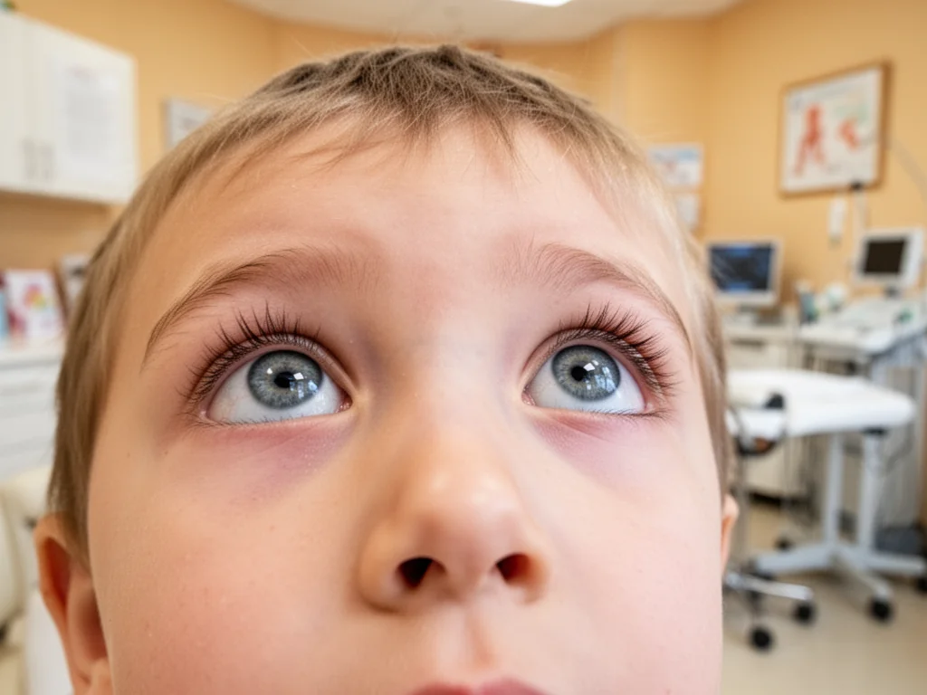 Twarz dziecka z mocno rozszerzonymi źrenicami, w tle rozmyty, przytulny gabinet pediatryczny.