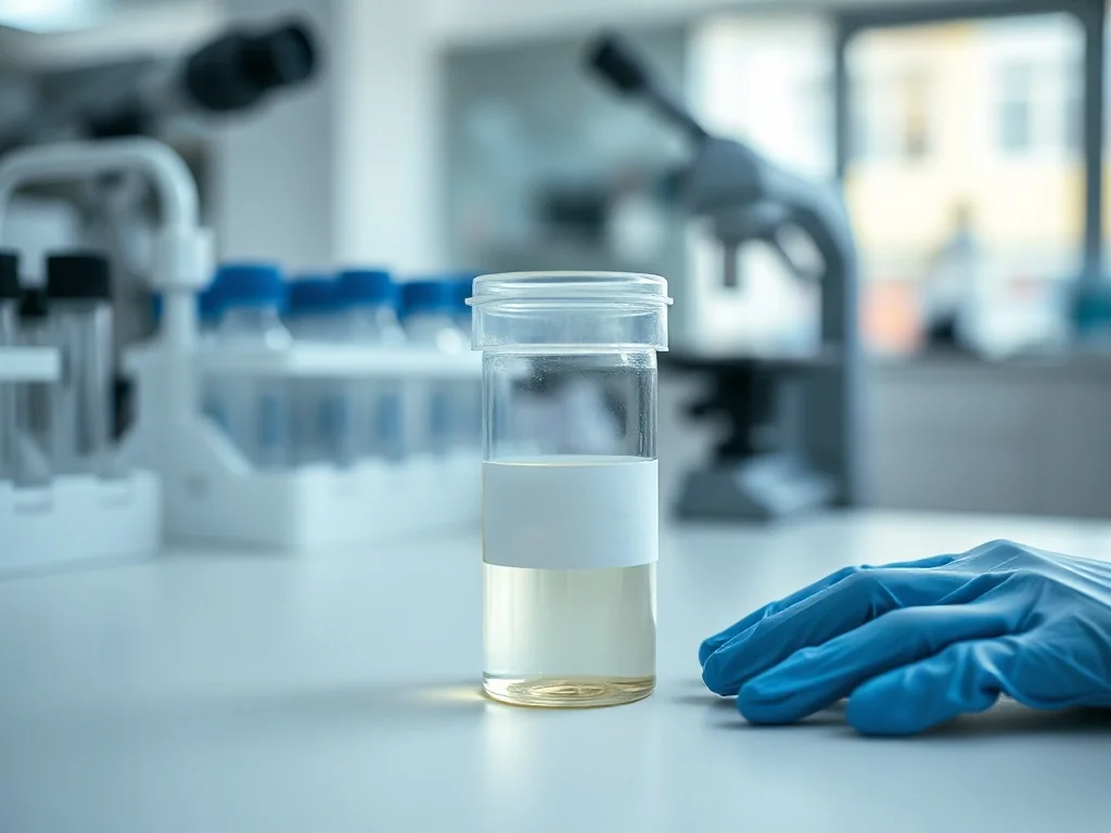 Przezroczysty pojemnik z próbką moczu w sterylnym laboratorium, symbolizujący badanie na obecność bakterii E. coli.