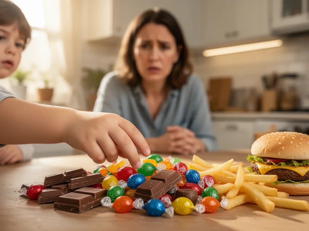 Dłoń dziecka sięga po kolorowe słodycze i fast foody na stole, w tle zmartwiony rodzic w kuchni.